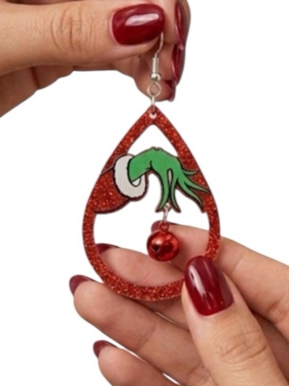 NWT Sparkly Red Grinch Teardrop Earrings – Festive Jingle Bell Holiday Dangles